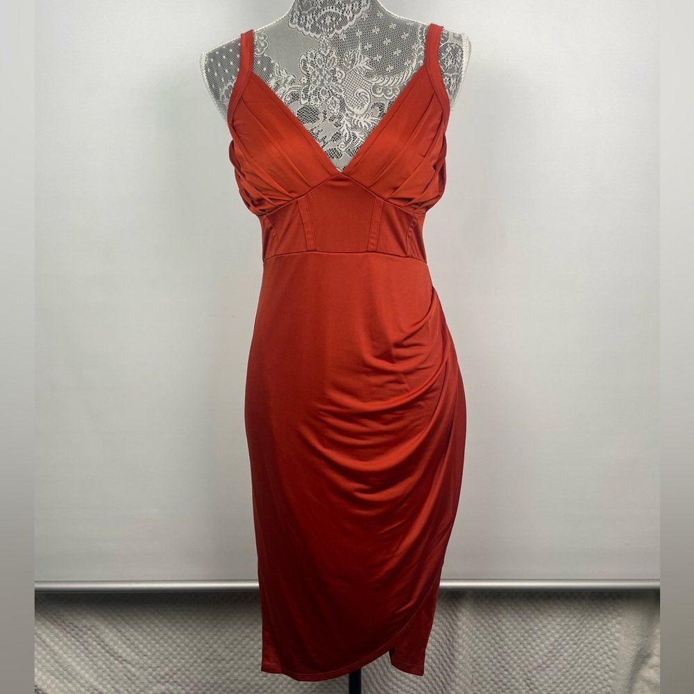 Nevena Rae Rust Red Plunge Rouched Hip Corset Style‎ Bodice Dress
